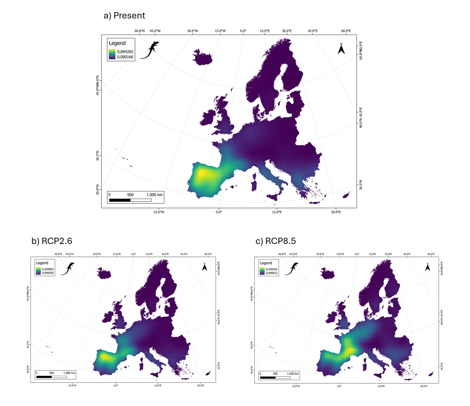 Present and RCP2.6 / RCP8.5 suitability maps for Europe